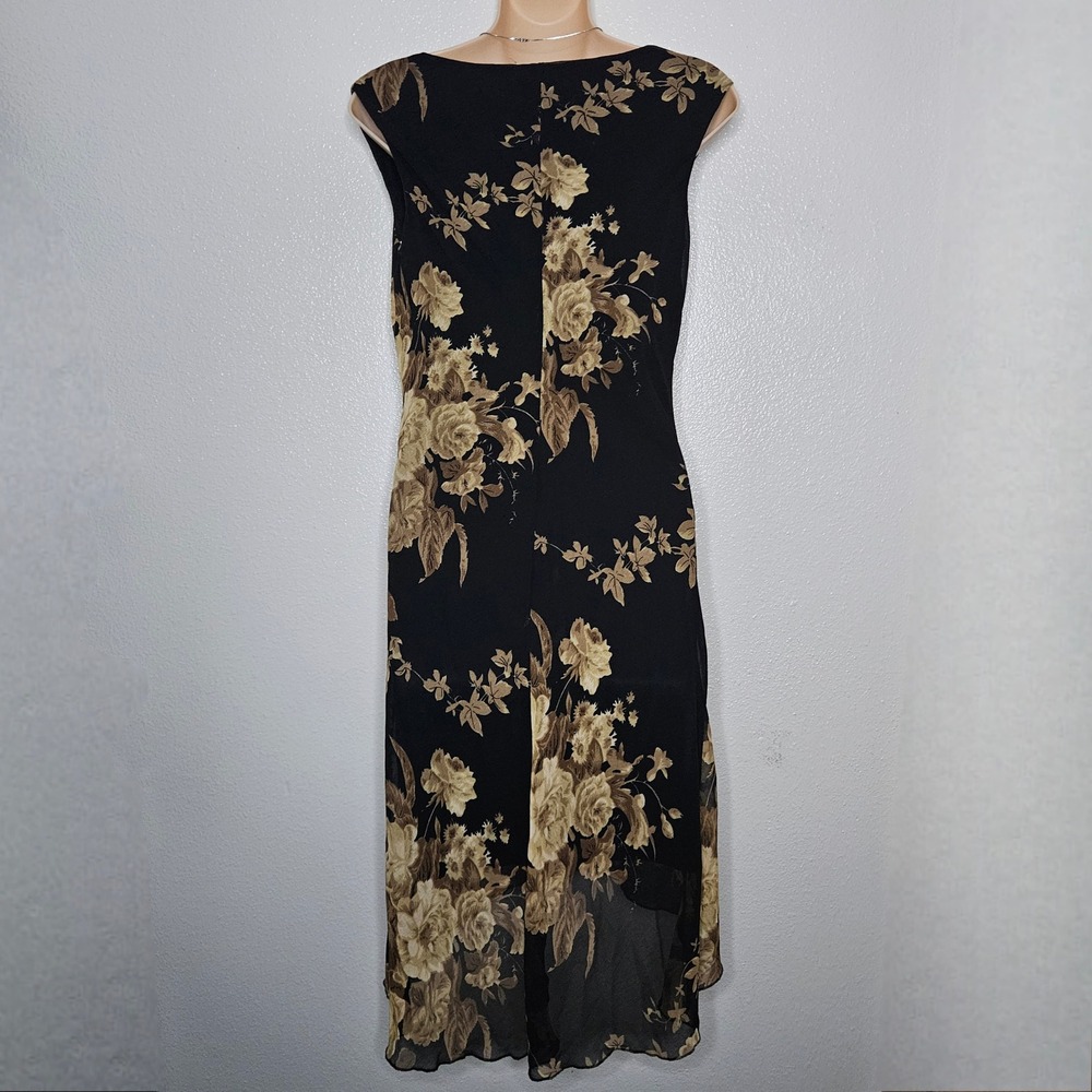 Connected Apparel Black Tan Floral Sequin Cowl Neck Midi Dress - Picture 2 of 6
